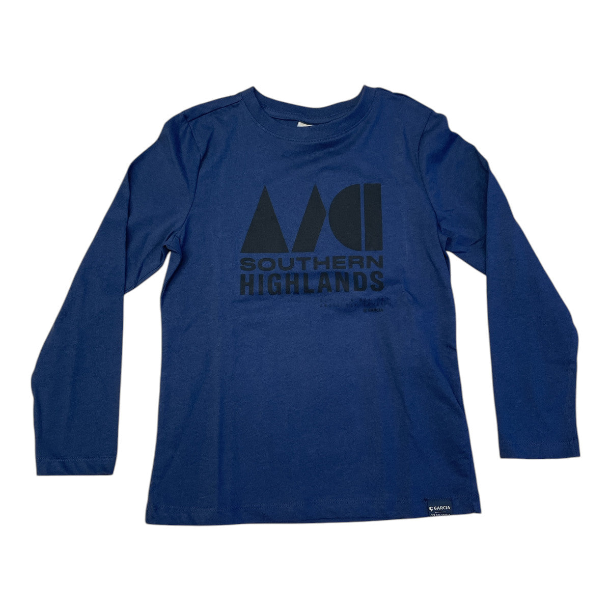 Pierrot Outlet marineblauw katoenen T-shirt met lange mouwen en grafische print 'SOUTHERN HIGHLANDS' met bergmotief.