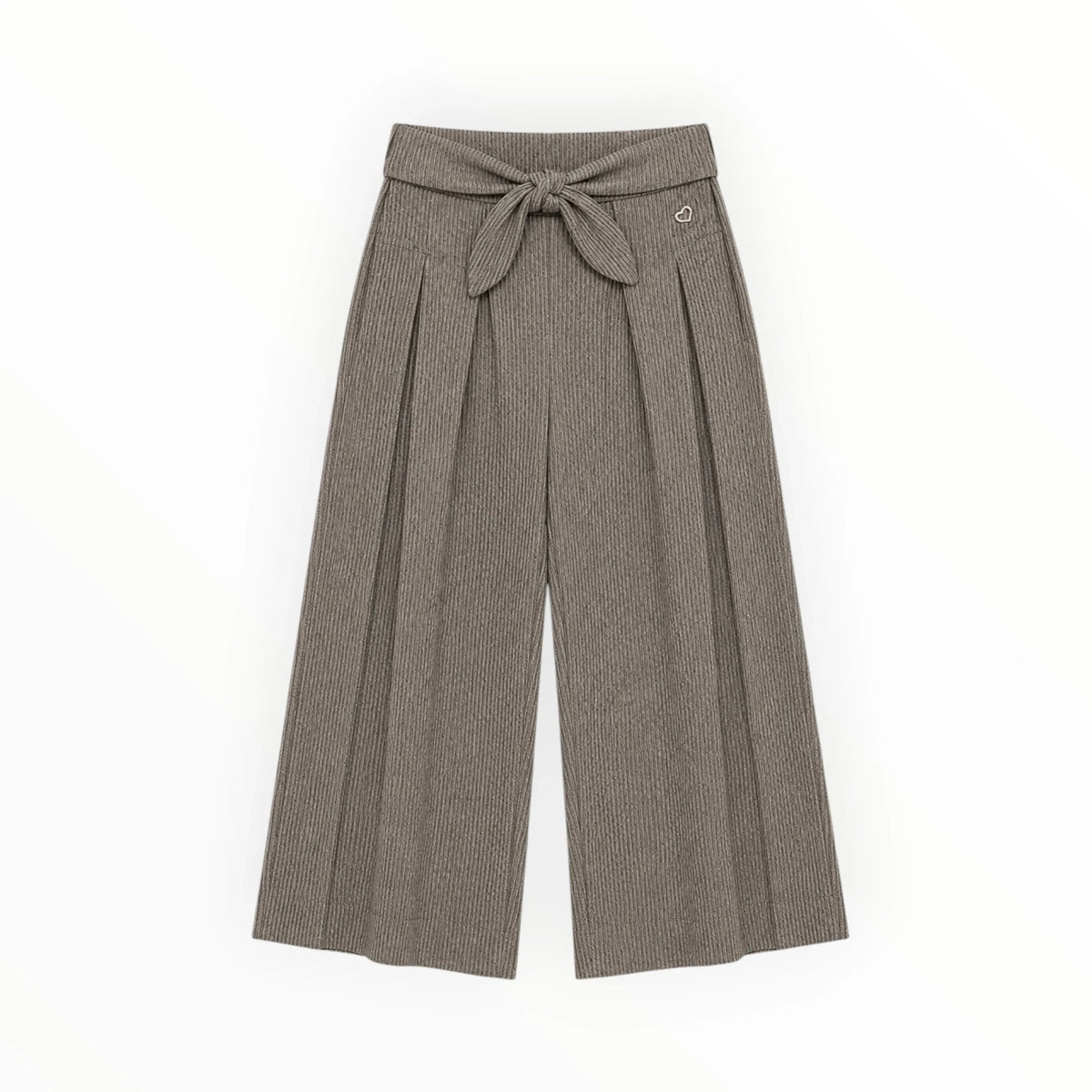Pierrot Outlet taupekleurige geribbelde culotte met wijde pijpen, hoge taille, strikceintuur en metalen hartdetail.