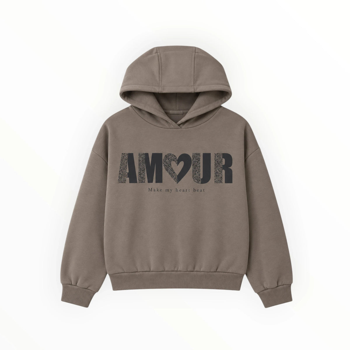 Pierrot Outlet taupekleurige hoodie met AMOUR tekst en luipaardprint hartdetail op de voorzijde