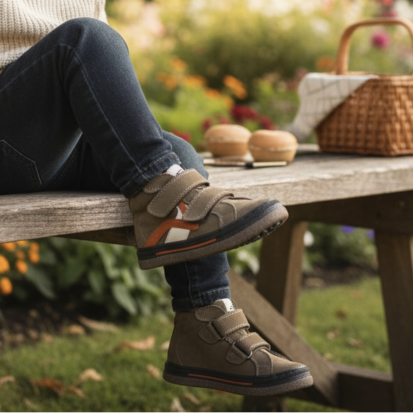 Pierrot Outlet kinderschoenen van taupe suède met klittenband en oranje accenten, gedragen door een kind in de tuin.