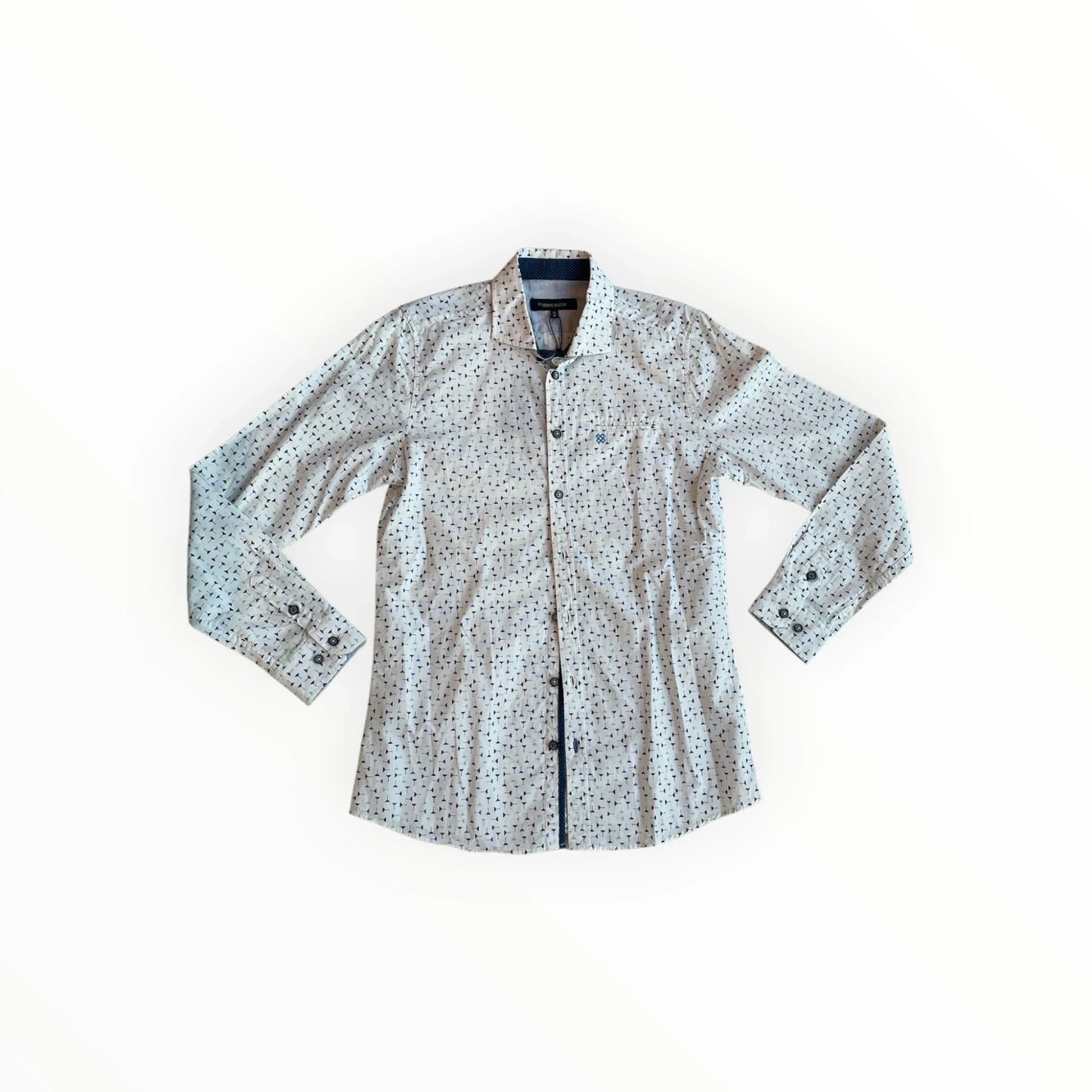 Wit Terre Bleue herenoverhemd van Pierrot Outlet met blauw-groen cocktailglaspatroon en lange mouwen.
