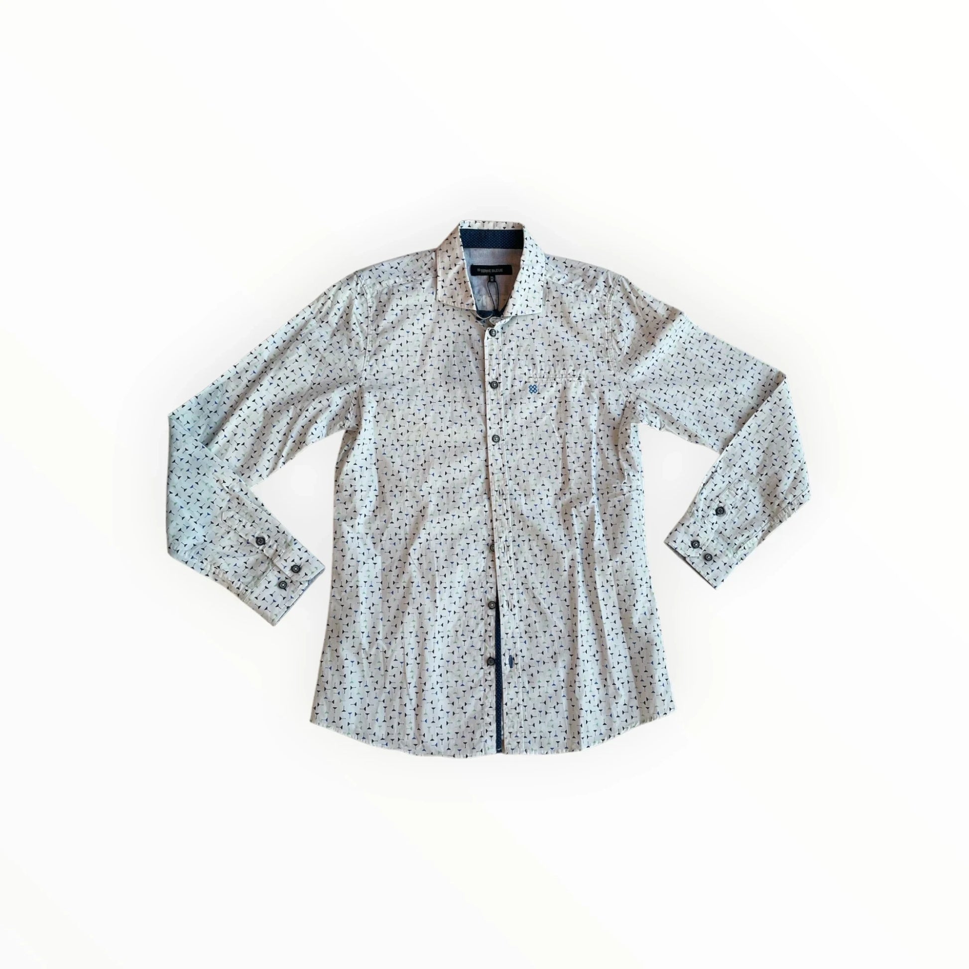 Wit Terre Bleue herenoverhemd van Pierrot Outlet met blauw-groen cocktailglaspatroon en lange mouwen.