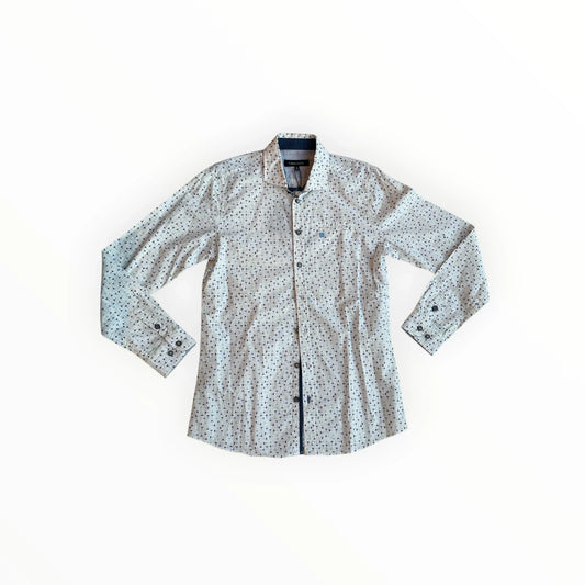 Wit Terre Bleue herenoverhemd van Pierrot Outlet met blauw-groen cocktailglaspatroon en lange mouwen.
