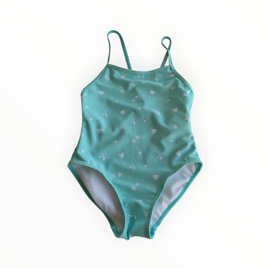 Pierrot Outlet turquoise meisjes zwempak met hartjes en sterren print en gekruiste bandjes op de rug.