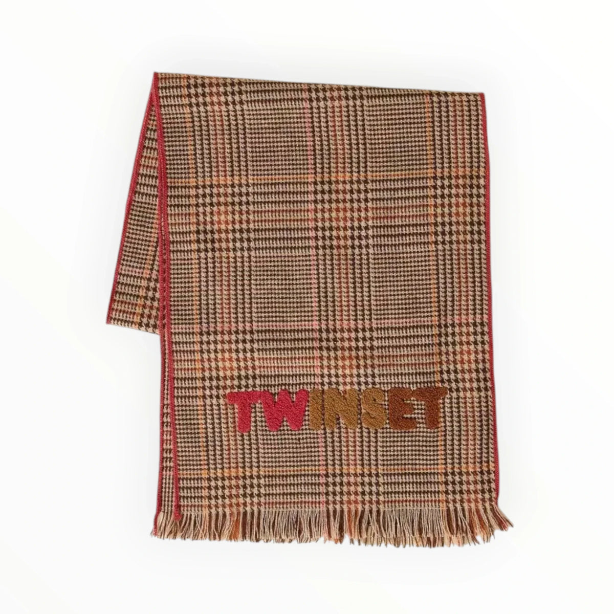 Pierrot Outlet TWINSET geweven sjaal met pied-de-poule patroon in bruin en beige met roze logo en franjes