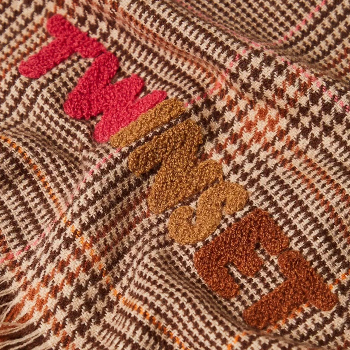 Pierrot Outlet TWINSET geweven sjaal met pied-de-poule patroon, bruine en beige tinten met roze geborduurd logo