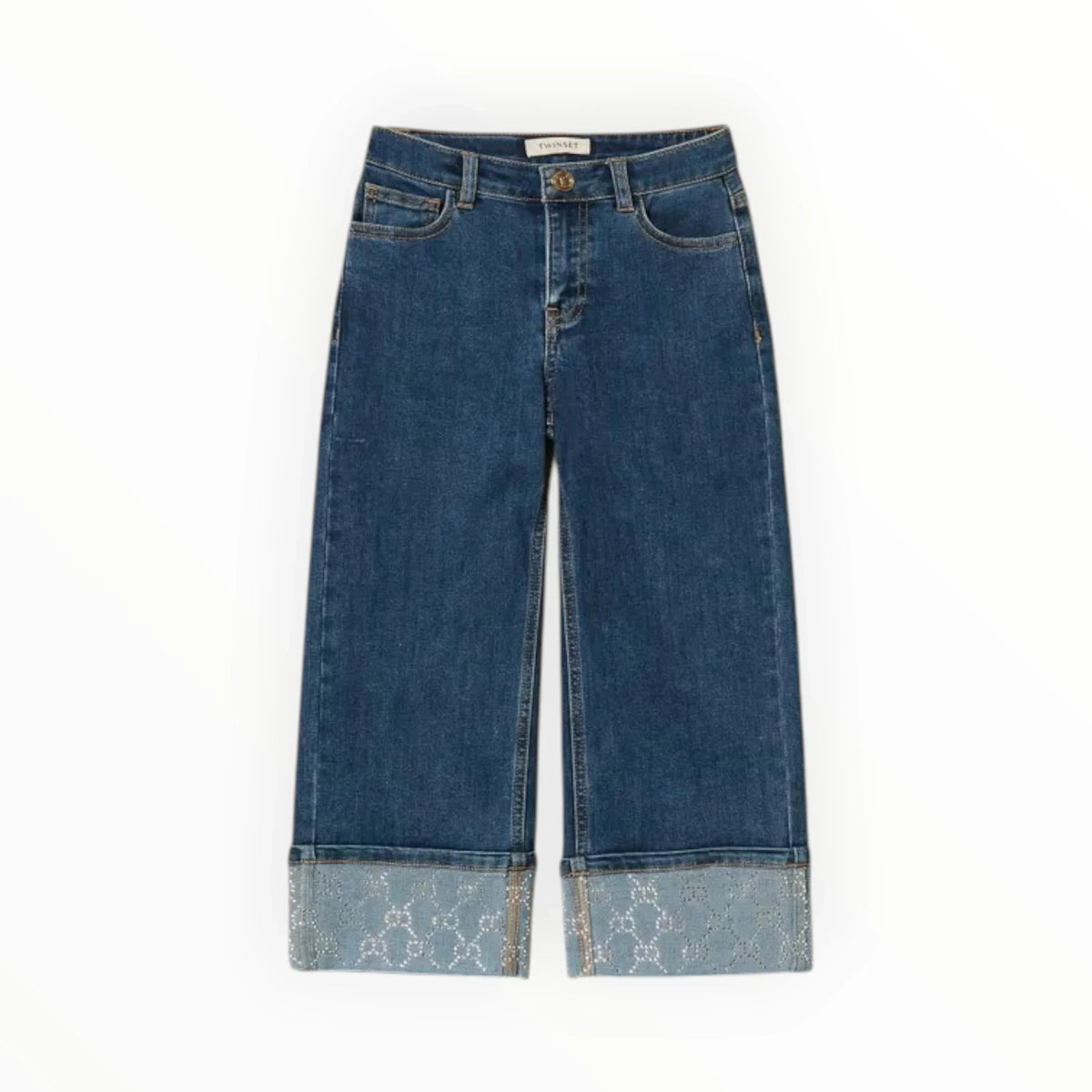 Pierrot Outlet TWINSET wijde jeans in donkerblauw denim met glinsterende omslagen aan de broekspijpen voor kinderen.