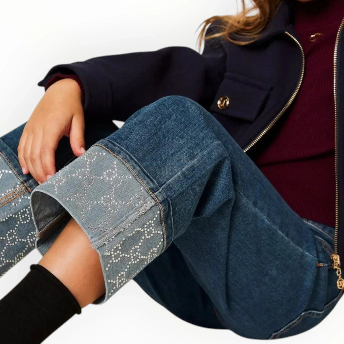 Pierrot Outlet TWINSET wijde jeans met diepblauwe wassing en glinsterende omgeslagen broekspijpen voor kinderen