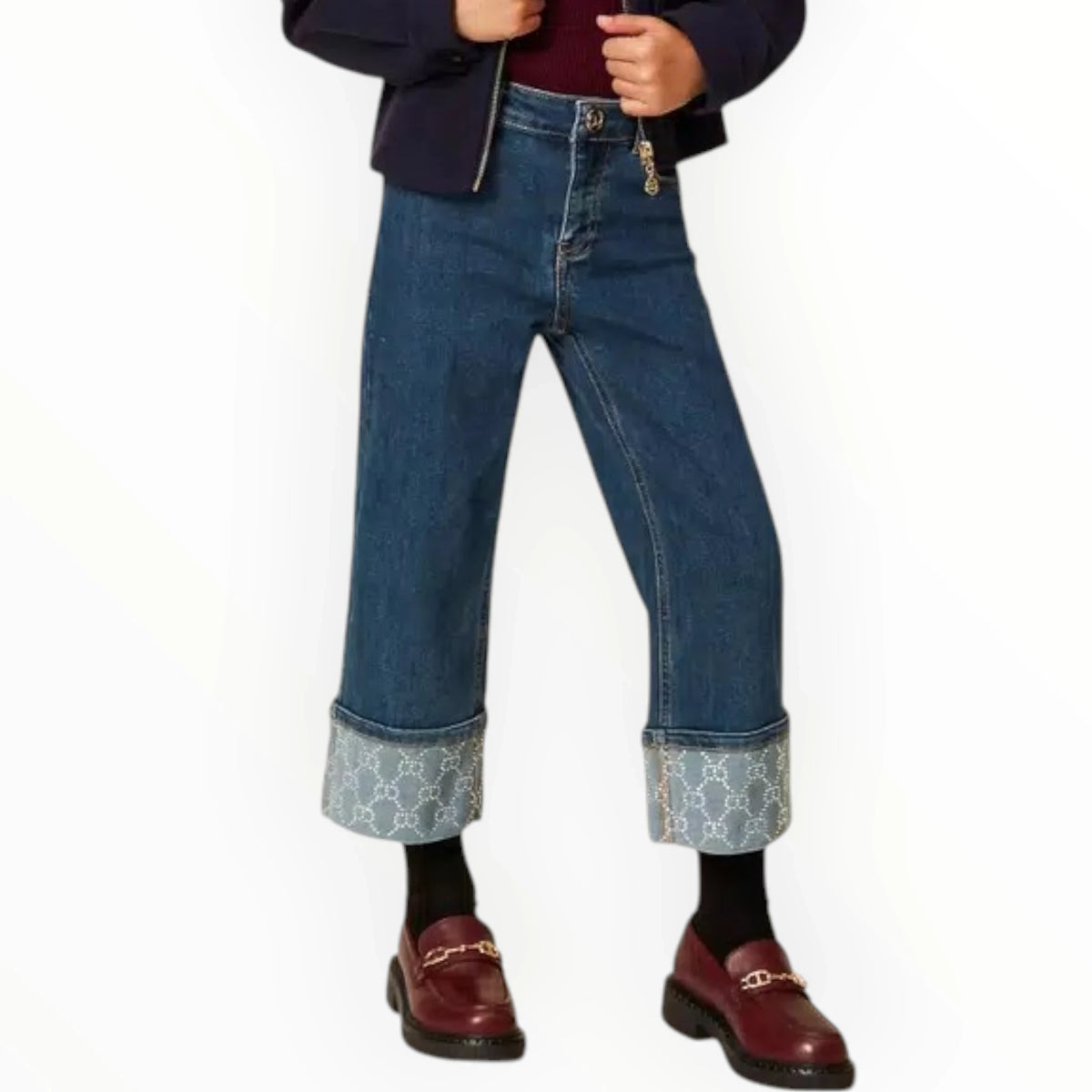 Pierrot Outlet TWINSET wijde jeans in donkerblauw denim met glinsterende omslagen aan de broekspijpen