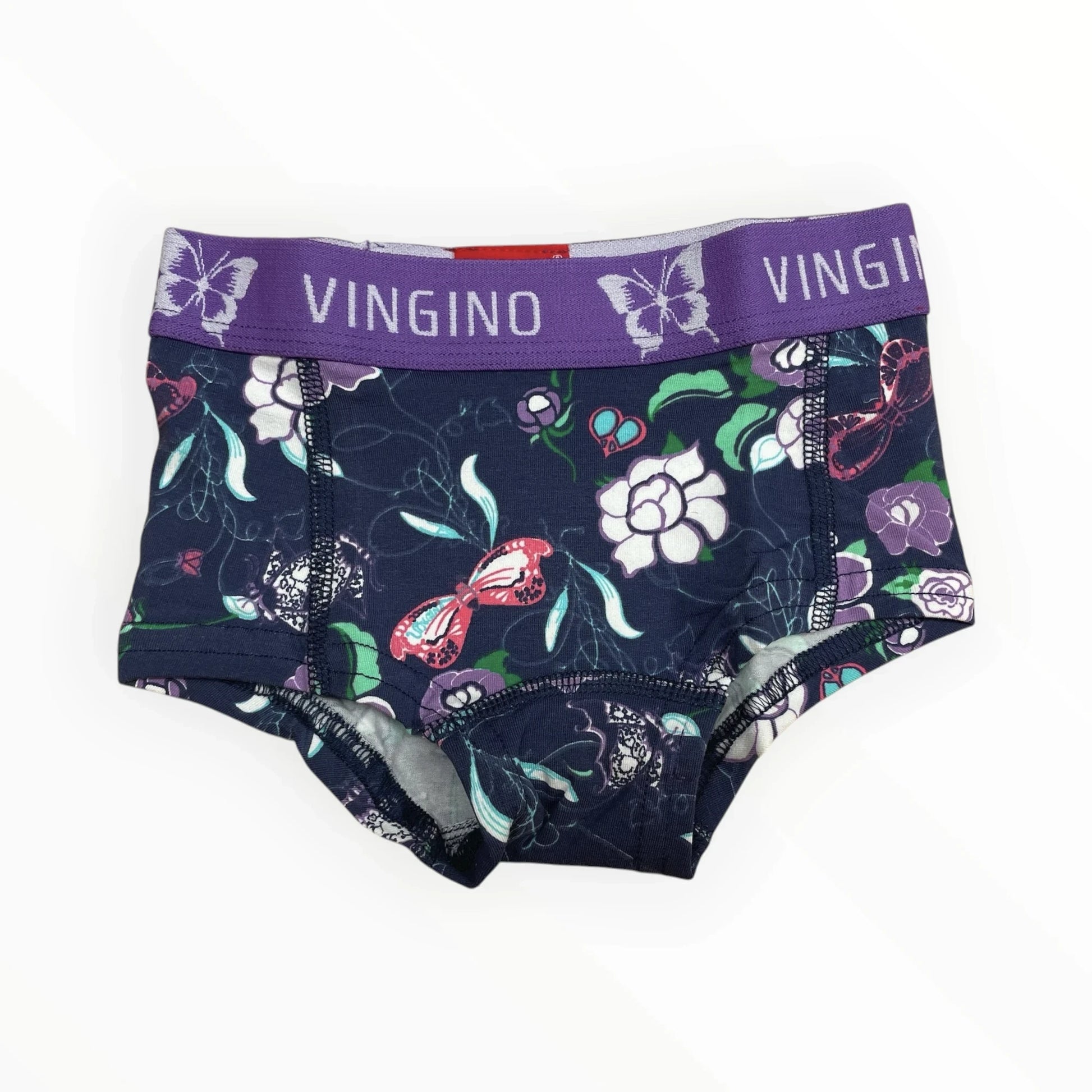 Pierrot Outlet Vingino meisjes boxershorts met bloemen- en vlinderprint, donkerblauw met paarse tailleband.