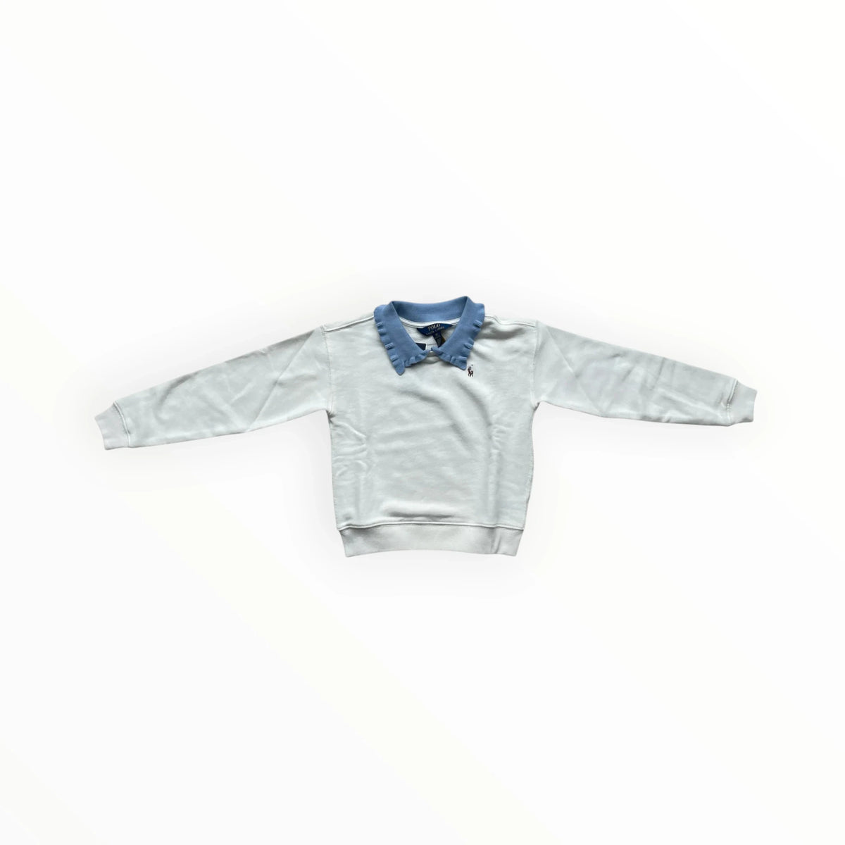 Pierrot Outlet white long-sleeve sweatshirt with a light blue ruffled collar and embroidered pony logo for children.