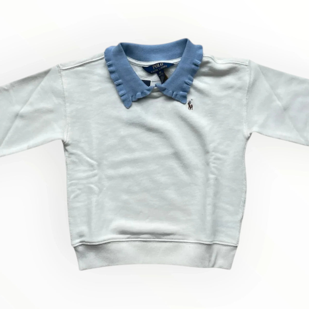 Pierrot Outlet white long-sleeve sweatshirt with a light blue ruffled collar and embroidered pony logo for children.