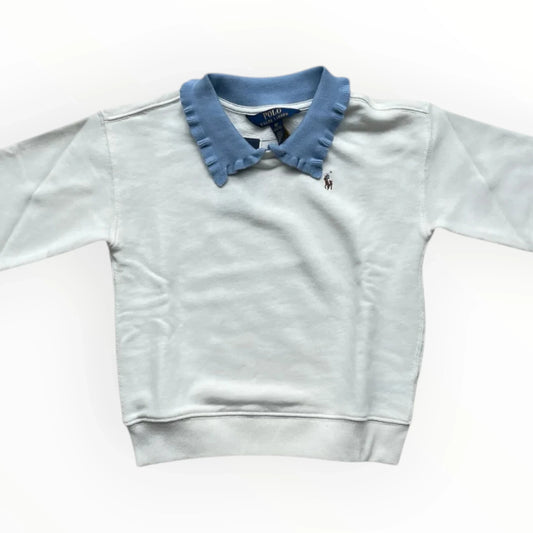 Pierrot Outlet white long-sleeve sweatshirt with a light blue ruffled collar and embroidered pony logo for children.