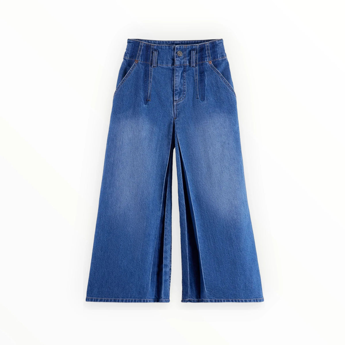 Pierrot Outlet wide-leg jeans in medium blauwe denim met hoge taille en diepe plooien aan de voorzijde.
