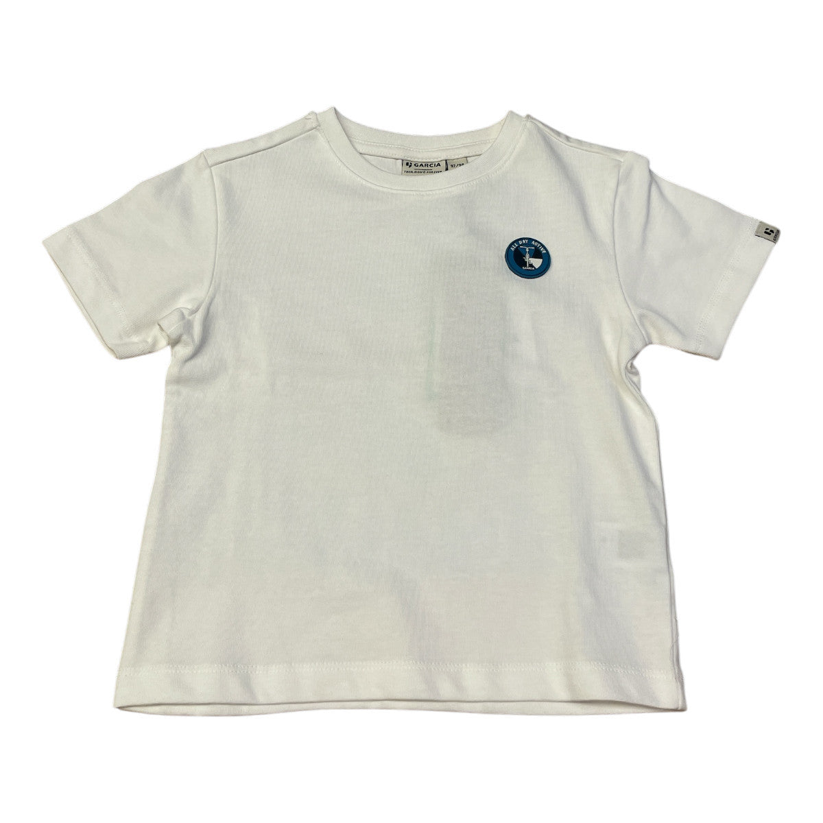 Pierrot Outlet wit katoenen T-shirt voor kinderen met fietsprint en tekst 'ALL DAY ACTIVE' op de borst.