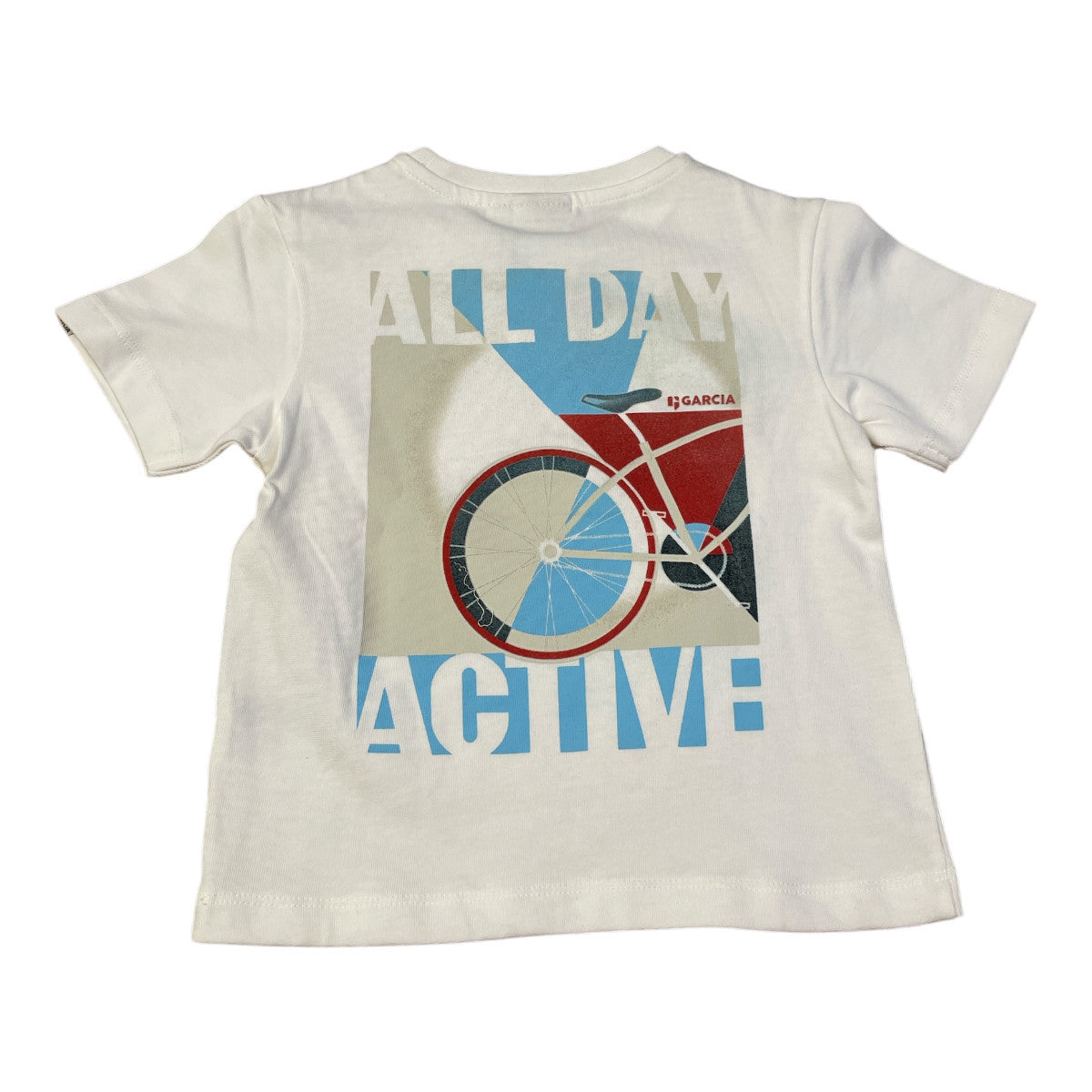 Pierrot Outlet wit katoenen T-shirt voor kinderen met fietsprint en tekst 'ALL DAY ACTIVE' op de achterkant.
