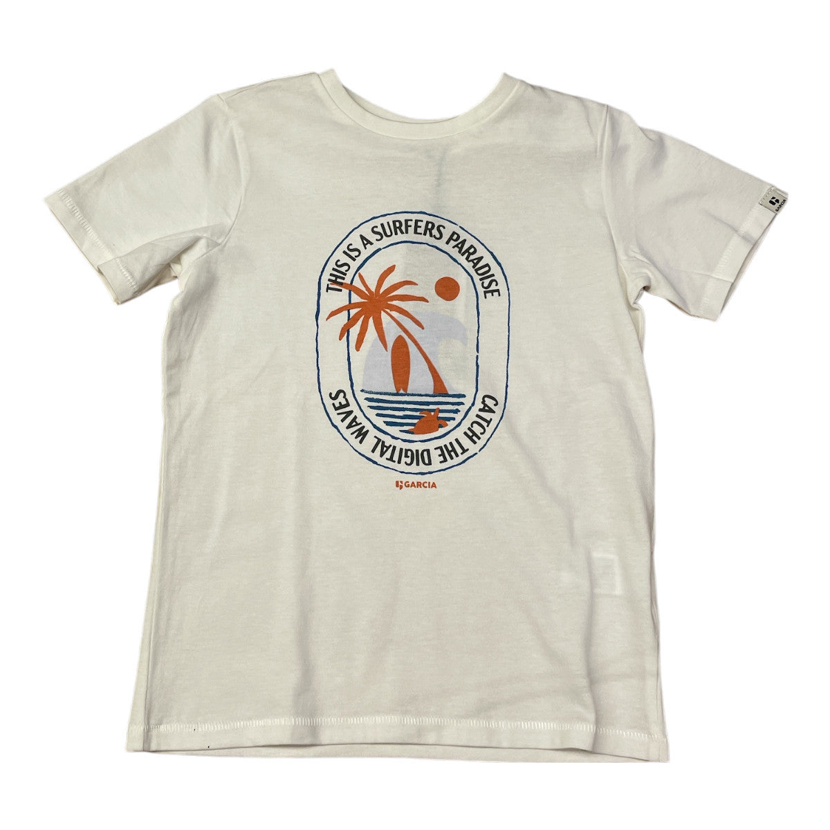 Pierrot Outlet wit katoenen T-shirt voor kinderen met grafische print van een palmboom en surfplank.