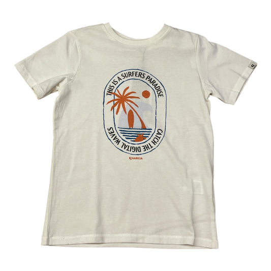 Pierrot Outlet wit katoenen T-shirt voor kinderen met grafische print van een palmboom en surfplank.