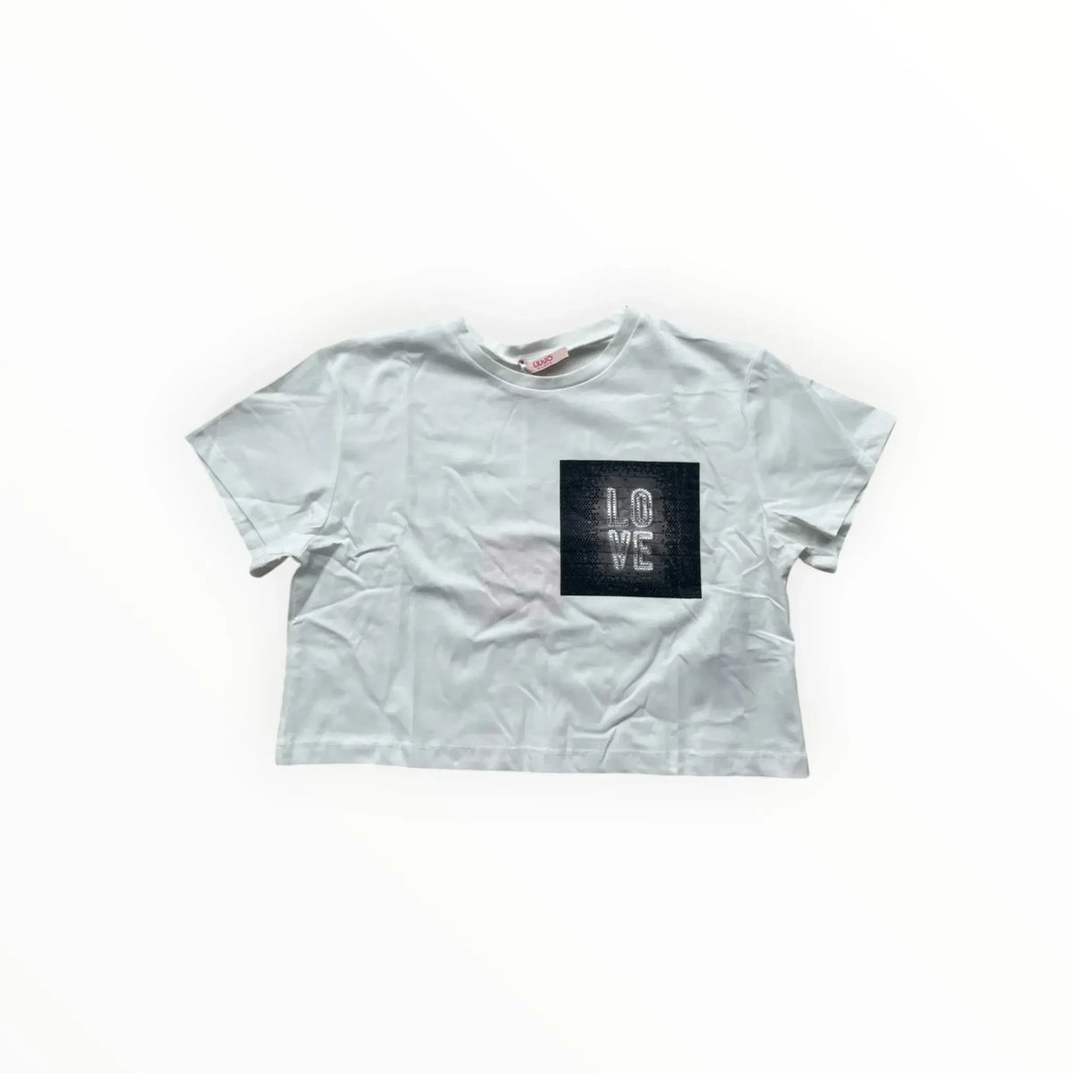 Wit Pierrot Outlet Liu Jo T-shirt met korte mouwen en een zwarte LOVE-print versierd met glinsterende steentjes.