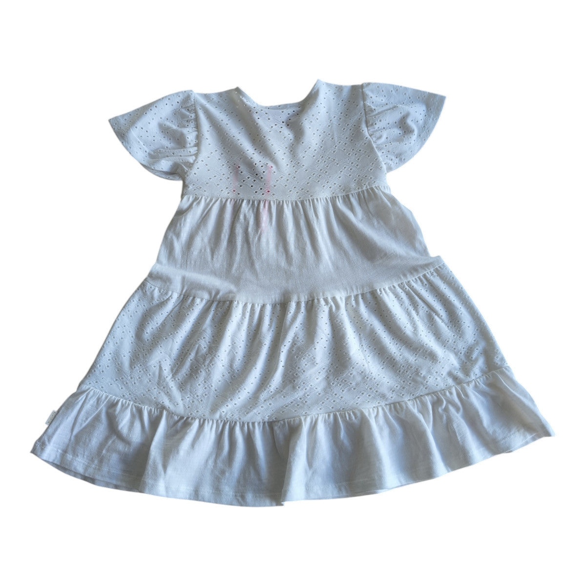 Pierrot Outlet wit katoenen meisjesjurkje met broderie anglaise, vlindermouwtjes en gelaagde rok.