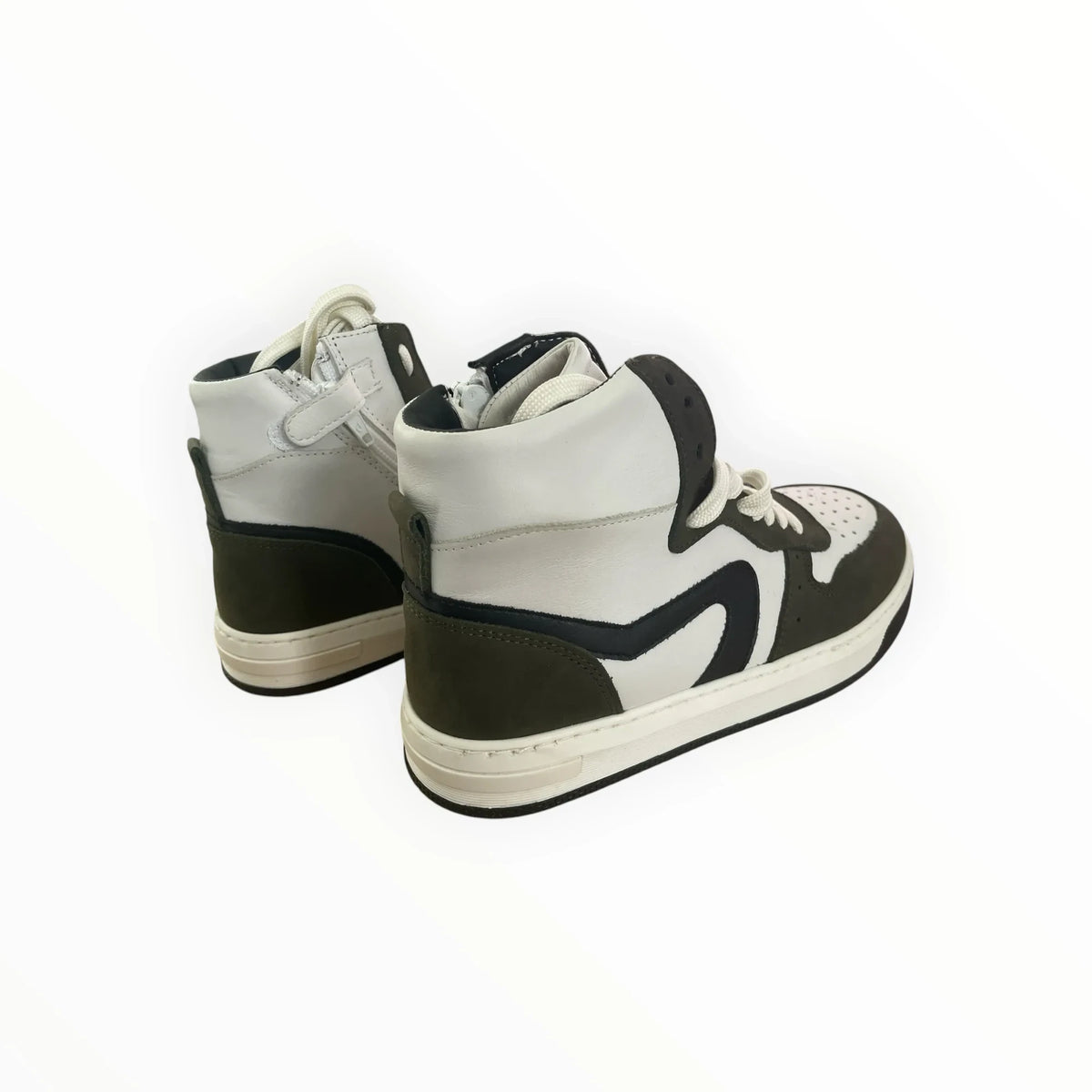 Pierrot Outlet high-top sneakers in wit en olijfgroen met veters en ritssluiting aan de zijkant