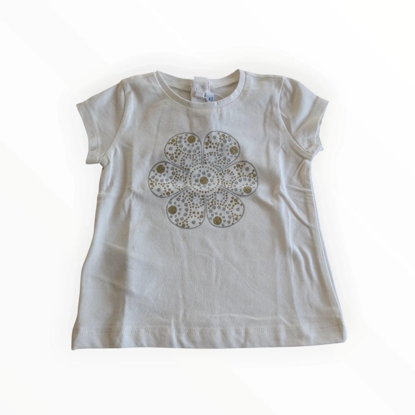 Pierrot Outlet wit katoenen T-shirt voor meisjes met bloemenprint in goud en zilver