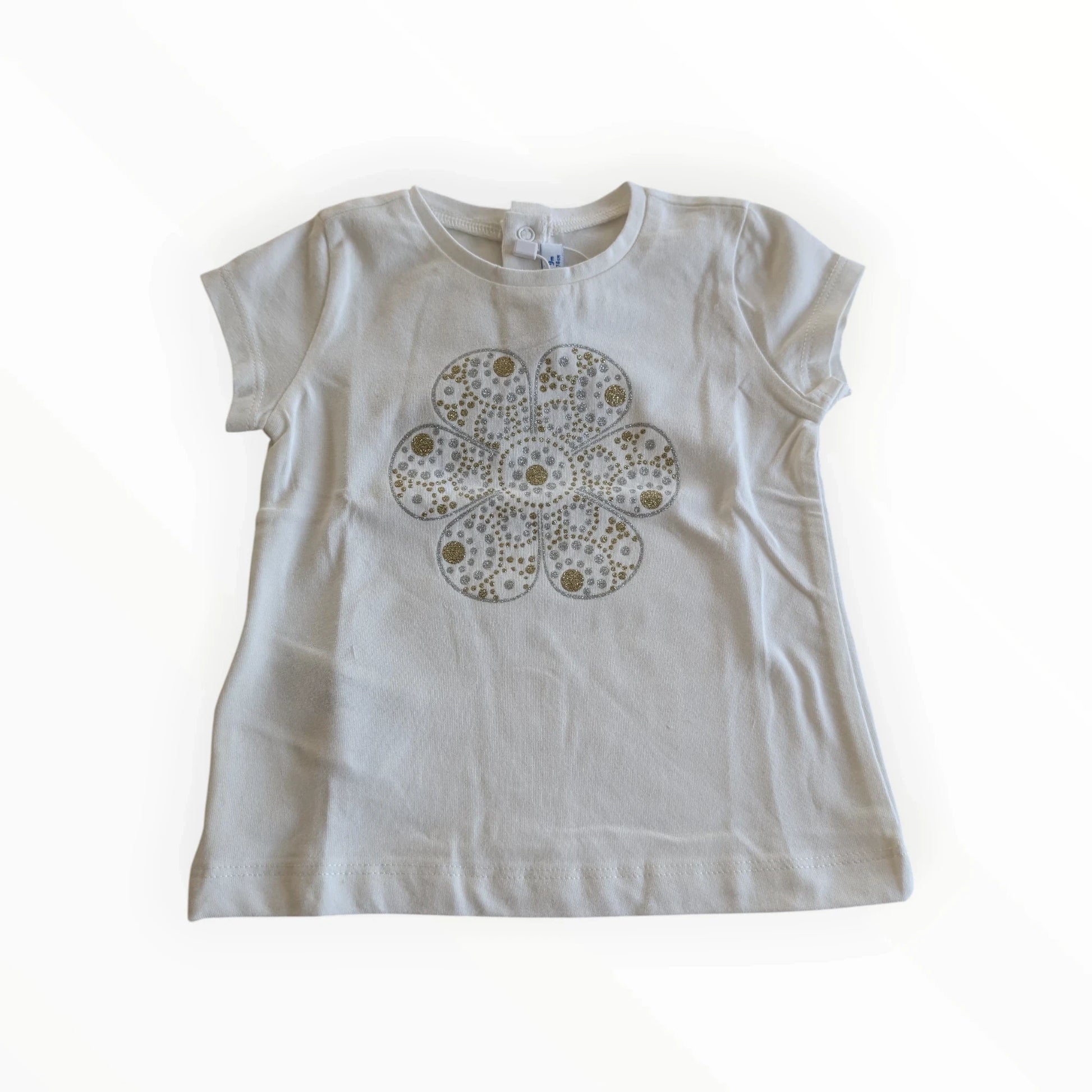 Pierrot Outlet wit katoenen T-shirt voor meisjes met bloemenprint in goud en zilver