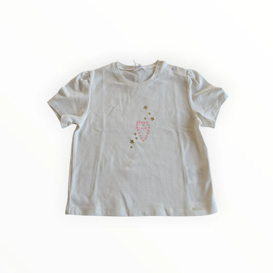 Pierrot Outlet wit katoenen T-shirt met korte pofmouwtjes en hart- en sterrenprint