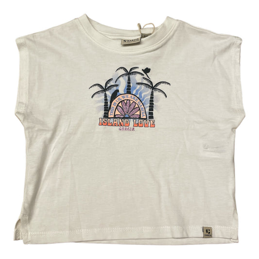 Pierrot Outlet wit katoenen T-shirt met korte mouwen en een zomerse print van palmbomen, een bloem en de tekst "ISLAND LOVE".
