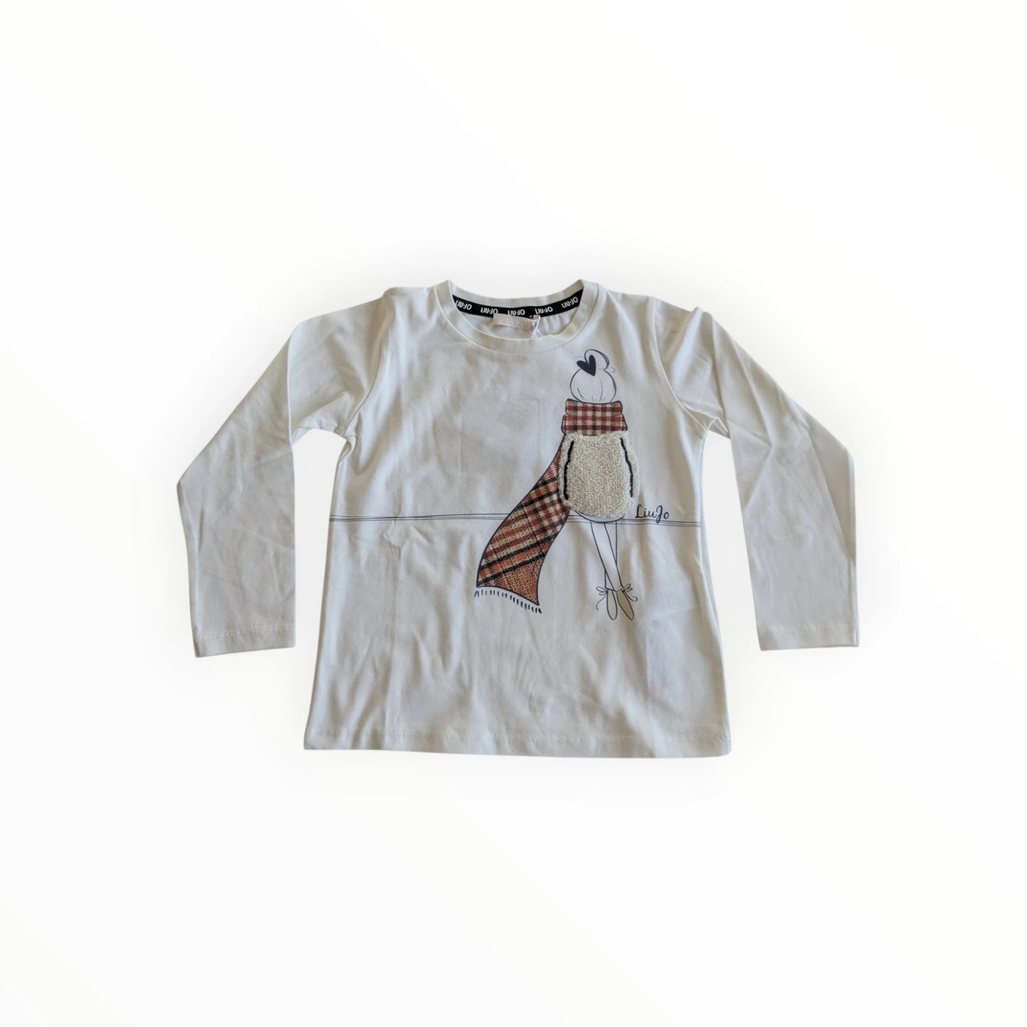 Pierrot Outlet wit katoenen T-shirt met lange mouwen en print van een meisje met sjaal en hartje