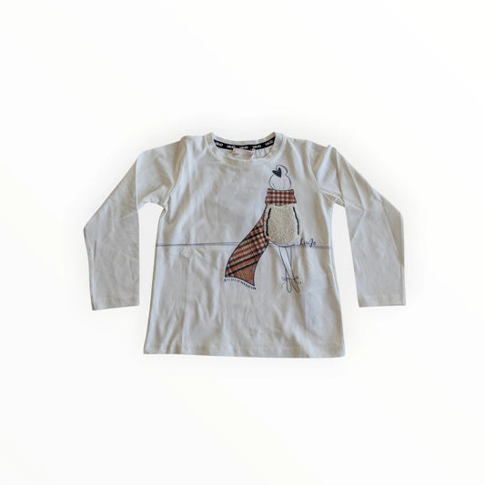 Pierrot Outlet wit katoenen T-shirt met lange mouwen en print van een meisje met sjaal en hartje