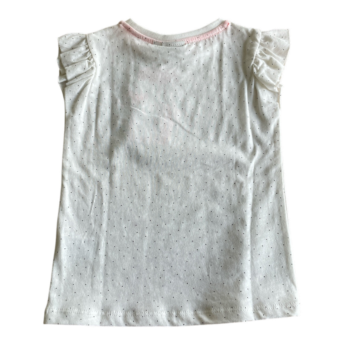Pierrot Outlet wit katoenen T-shirt met stippen, ruches en roze tekstprint 'let's SHINE'.