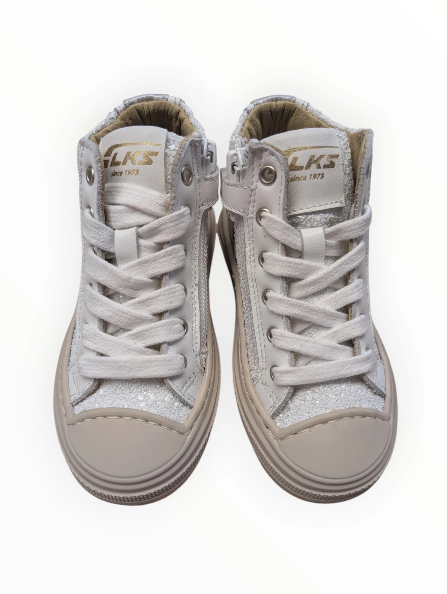 Pierrot Outlet witte hoge sneakers voor kinderen, van leer en glitterstof, met veters en rits.