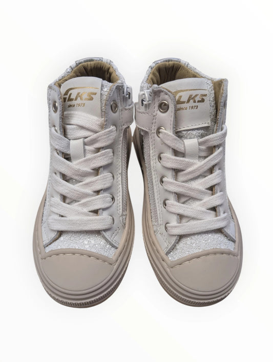 Pierrot Outlet witte hoge sneakers voor kinderen, van leer en glitterstof, met veters en rits.