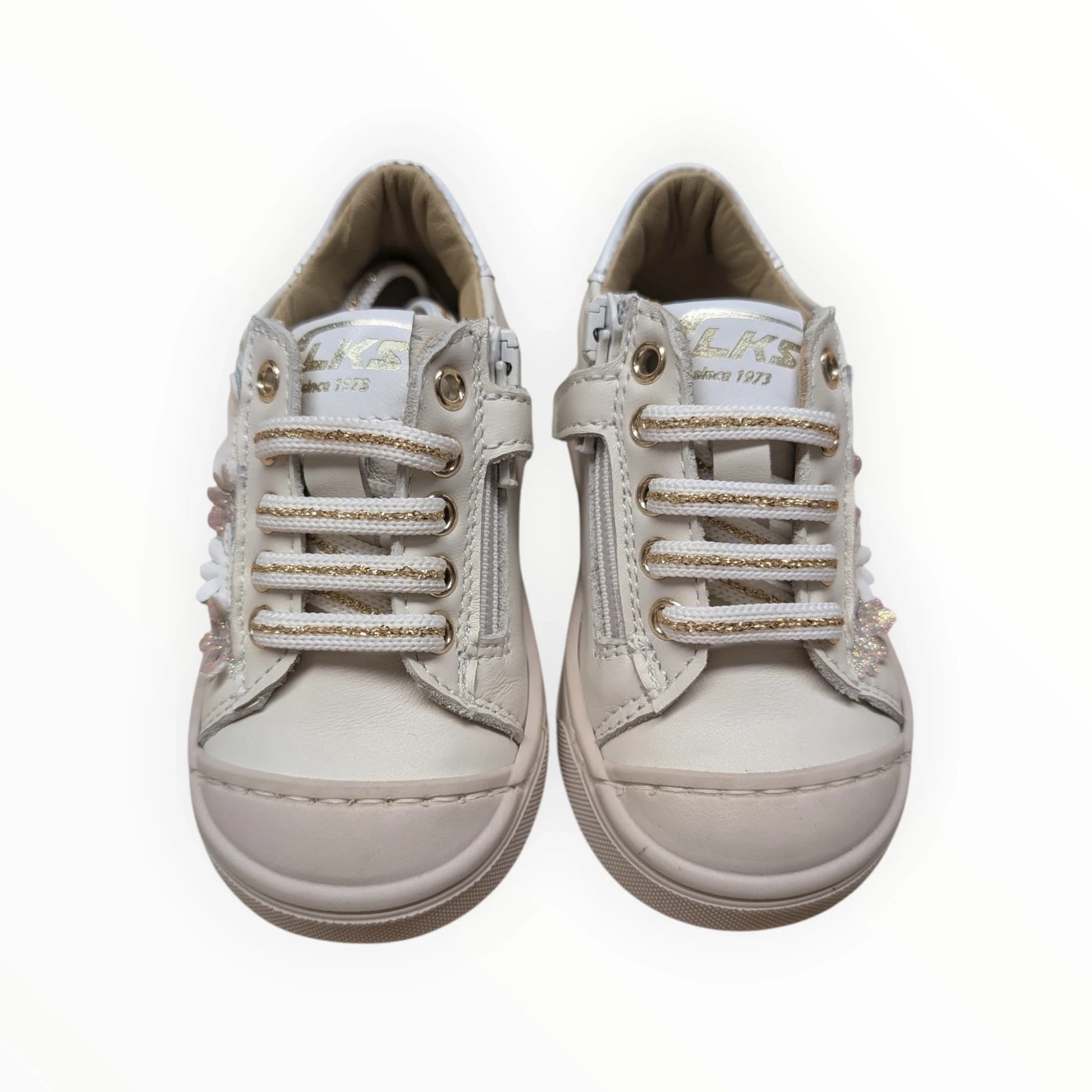 Pierrot Outlet witte leren kindersneakers met gouden veters en bloemenapplicaties