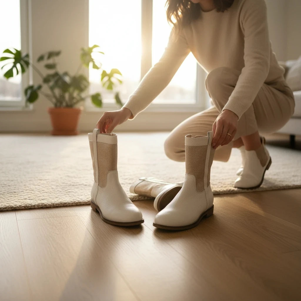 Pierrot Outlet witte lederen enkellaarzen met goudkleurige textielpanelen en platte zool in een licht interieur.