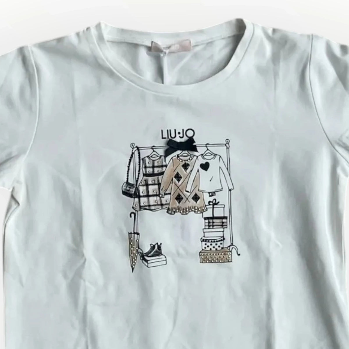 Pierrot Outlet witte Liu Jo t-shirt met lange mouwen en een modieuze kledingrek illustratie met strikje
