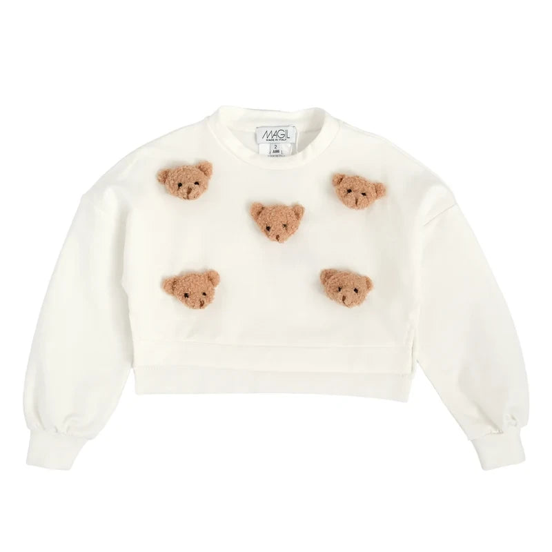 Pierrot Outlet witte Magil sweater voor kinderen met schattige pluizige teddybeer applicaties en cropped pasvorm