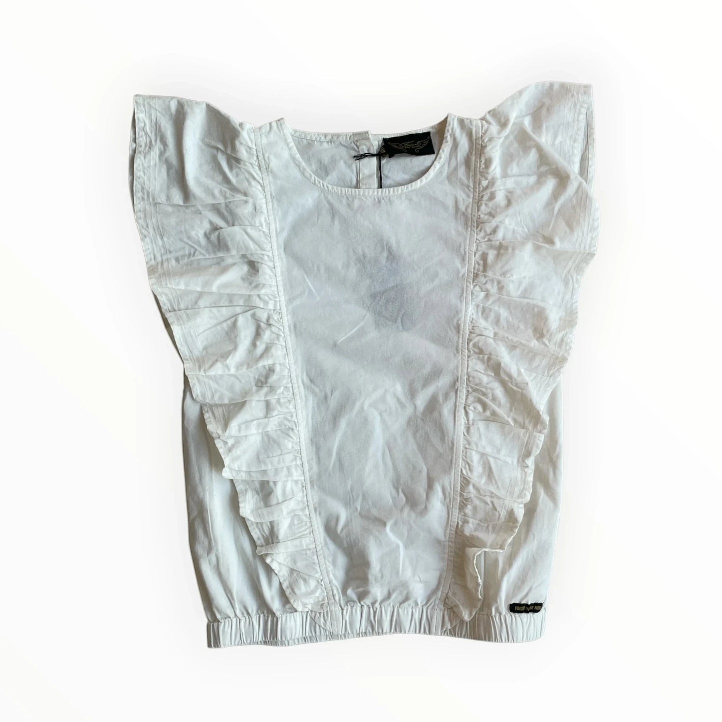 Witte mouwloze Moulinette Soeurs blouse van Pierrot Outlet met romantische ruches en elastische boord.