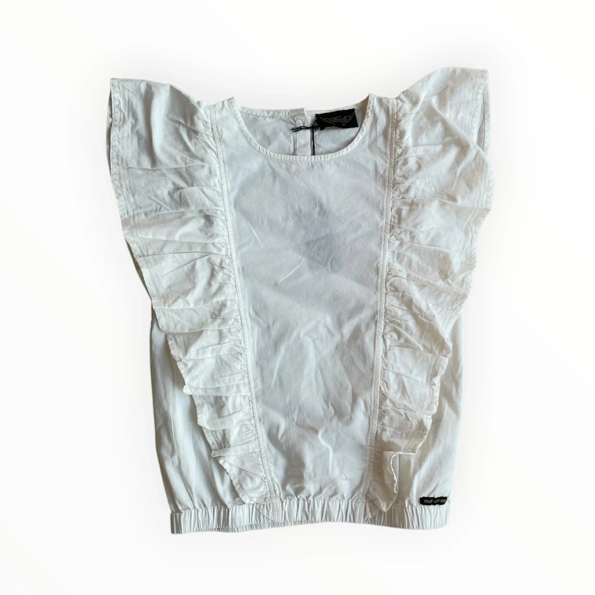 Witte mouwloze Moulinette Soeurs blouse van Pierrot Outlet met romantische ruches en elastische boord.