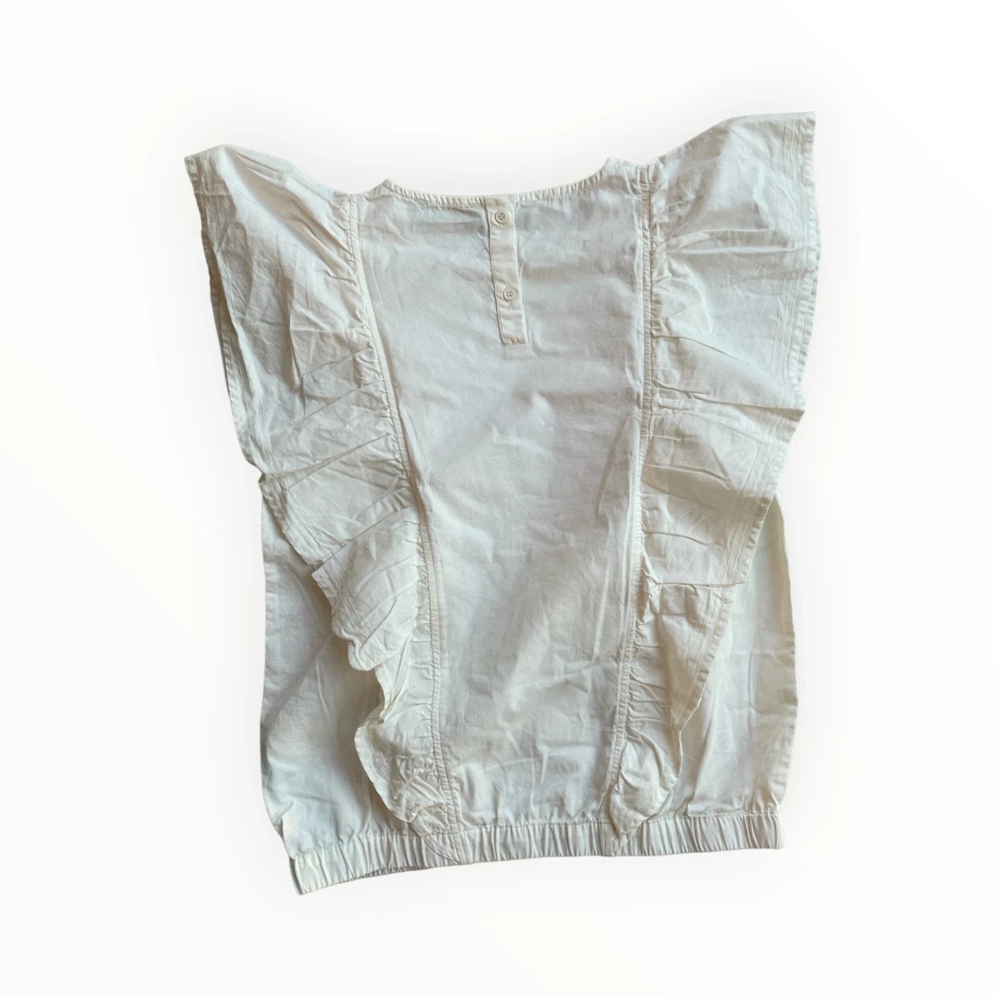 Witte mouwloze Moulinette Soeurs blouse met ruches en knoopsluiting op de rug, verkrijgbaar bij Pierrot Outlet.