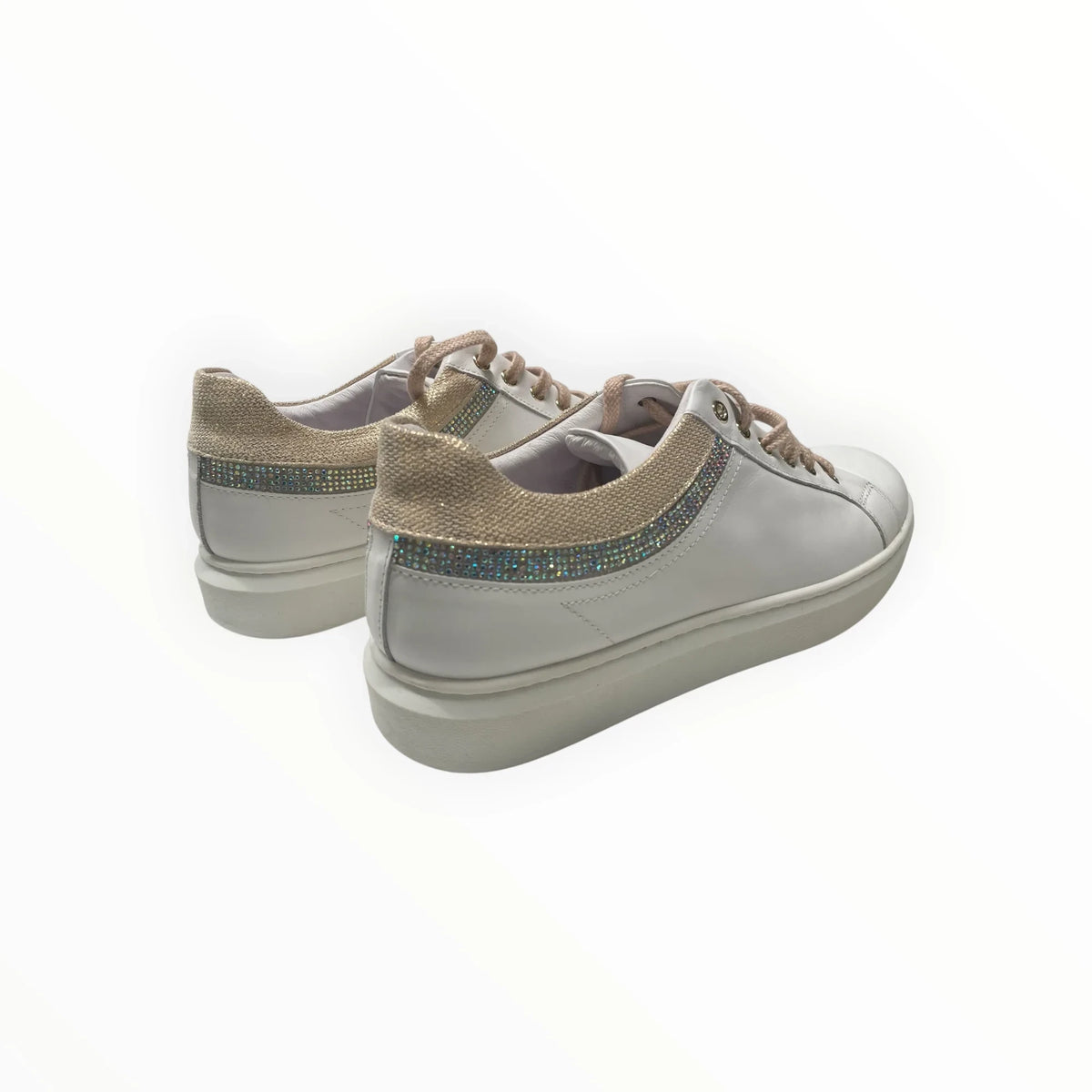 Pierrot Outlet witte damessneakers met gouden hiel en sprankelende strass-steentjes aan de zijkant