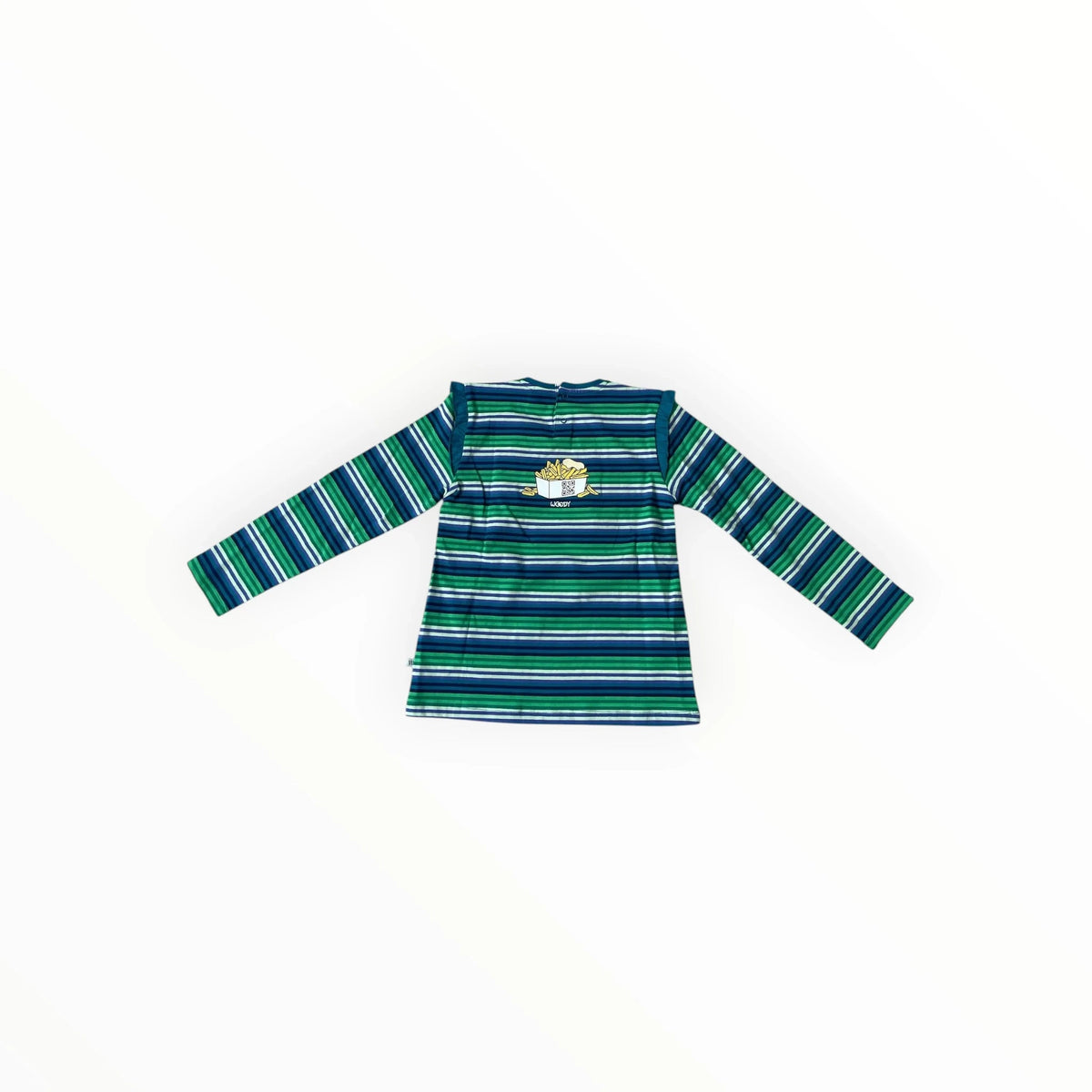 Pierrot Outlet WOODY pyjamashirt met lange mouwen, groen en blauw gestreept met frietjesprint op de achterzijde
