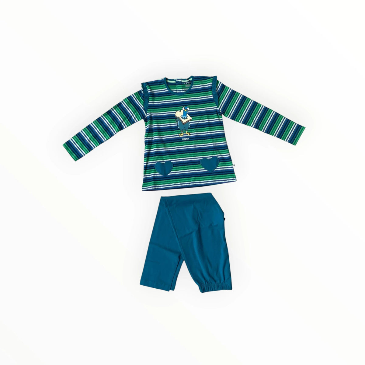 Pierrot Outlet WOODY pyjamaset met groen-blauw gestreept shirt, duivenprint en hartvormige zakjes met blauwe broek