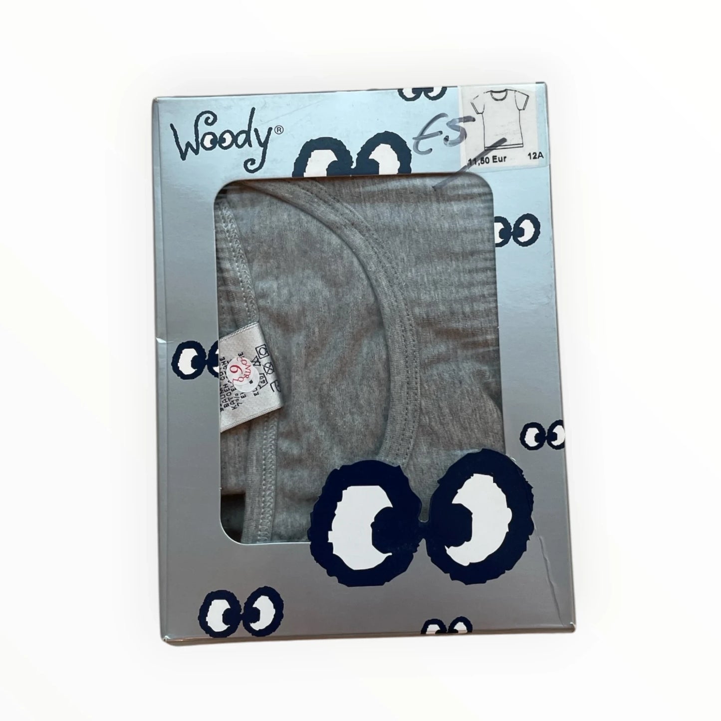 Pierrot Outlet Woody grijze katoenen hemdjes voor kinderen, verpakt in een speelse doos met oogjes. Ronde hals, mouwloos.