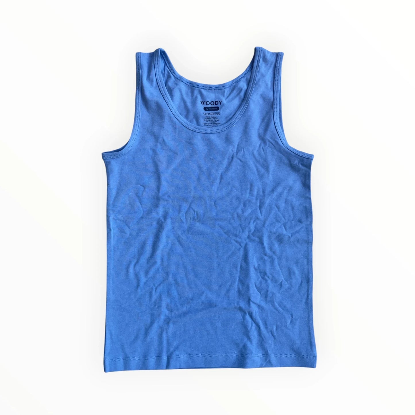 Pierrot Outlet WOODY blauw katoenen kinder tanktop met ronde hals, maat 8 jaar.