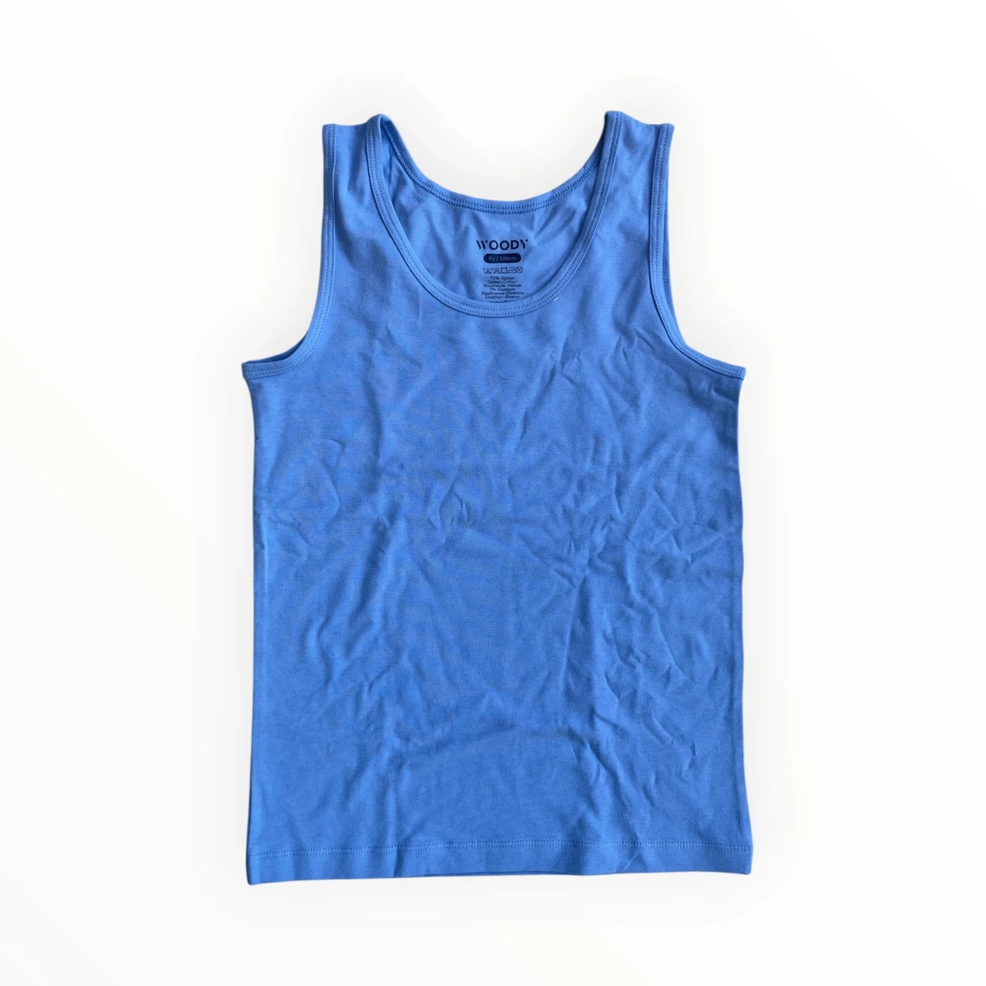 Pierrot Outlet WOODY blauw katoenen kinder tanktop met ronde hals, maat 8 jaar.