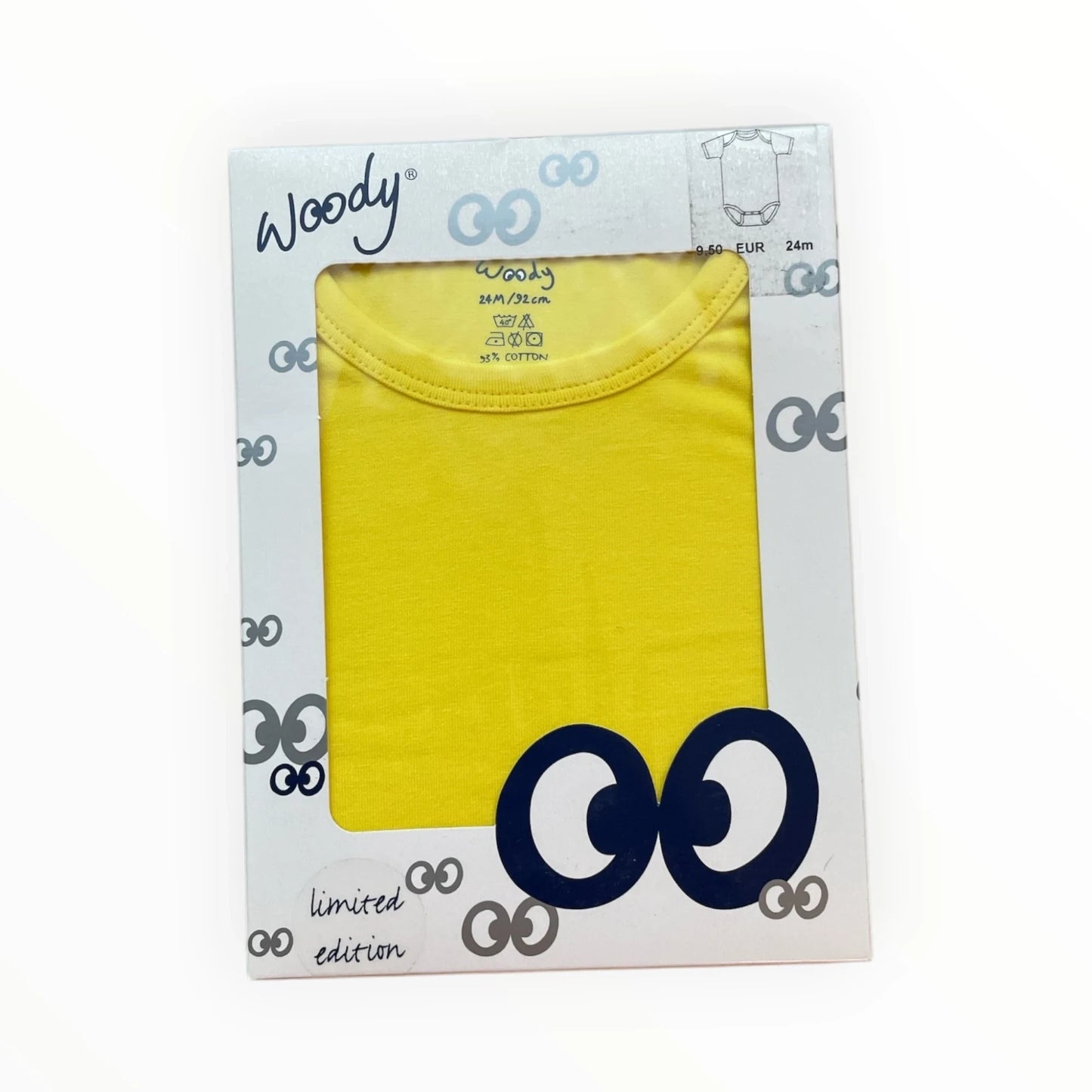 Pierrot Outlet Woody Limited Edition baby romper, maat 92, geel, 95% katoen, met 'googly eyes' print.