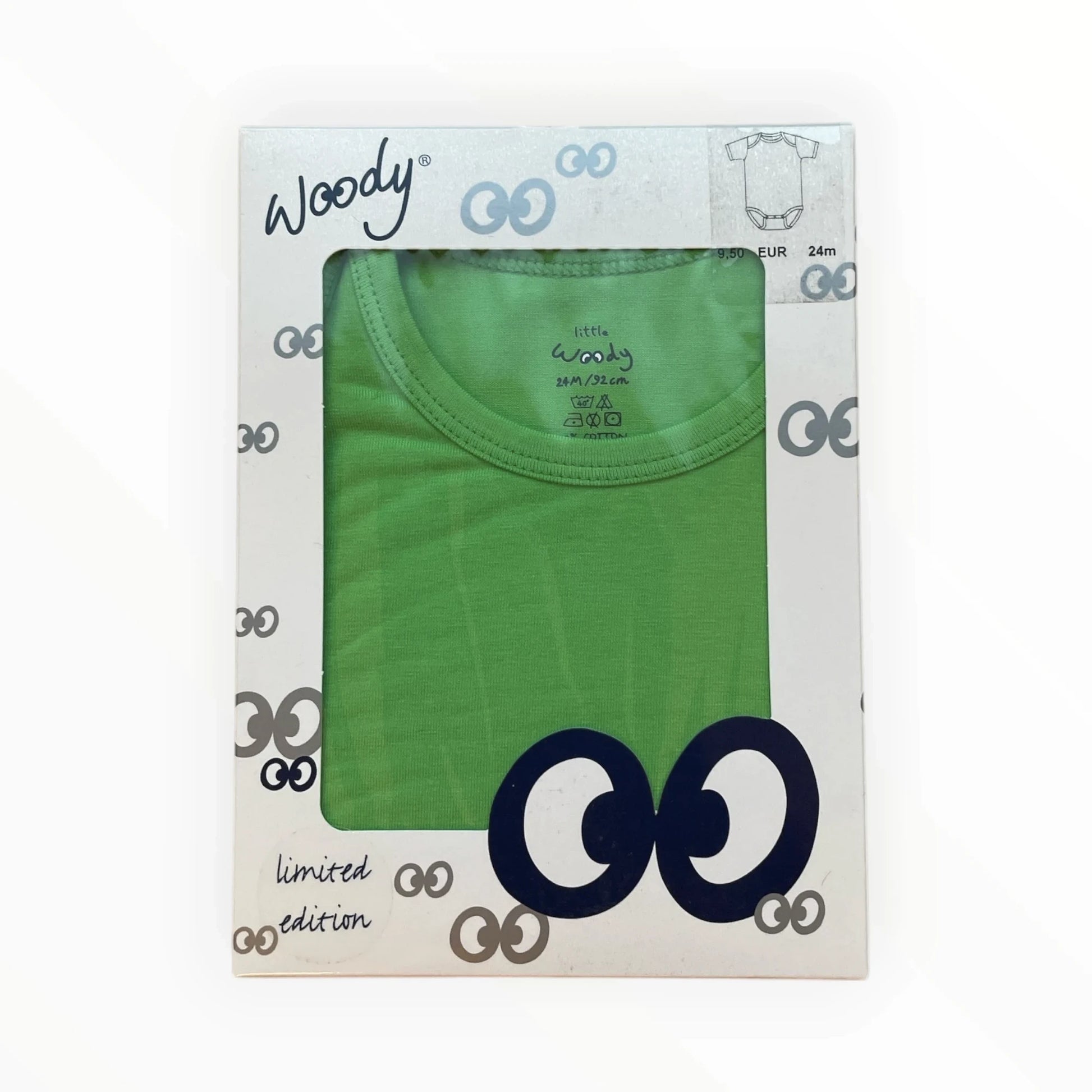 Pierrot Outlet Woody Limited Edition baby romper in bright green, 100% cotton, size 24 months.