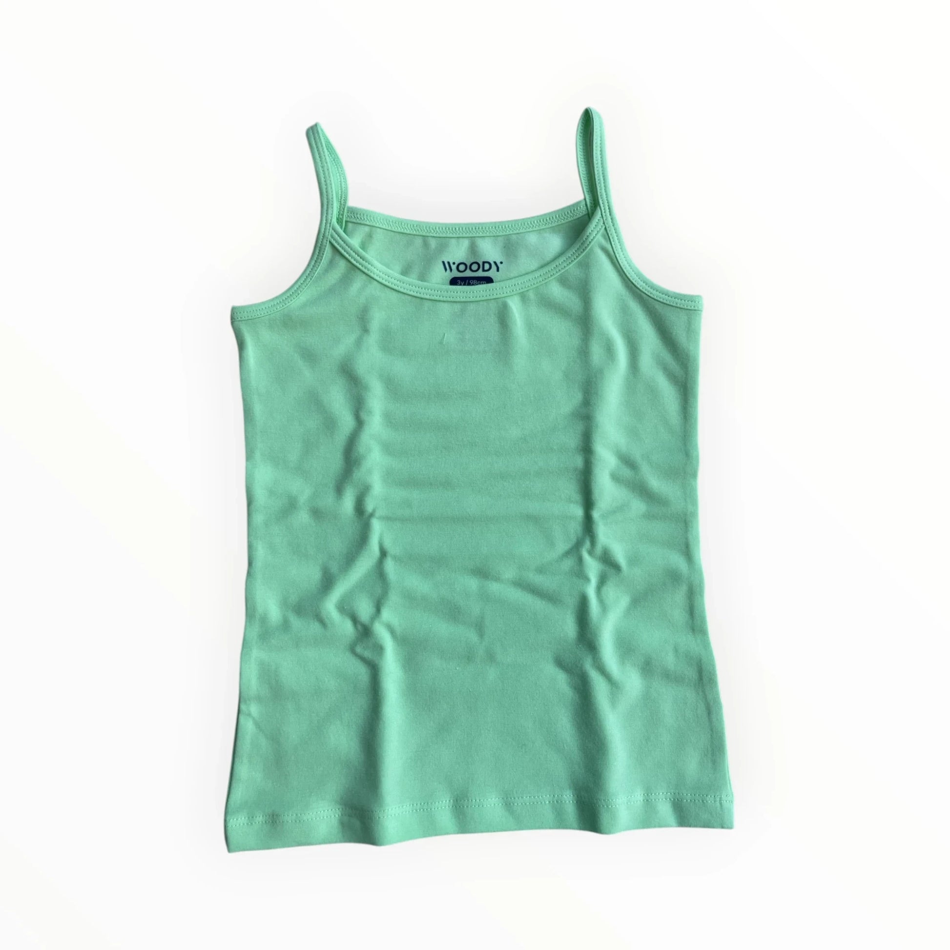 Pierrot Outlet WOODY mintgroene katoenen tanktop voor kinderen met smalle bandjes en ronde hals.